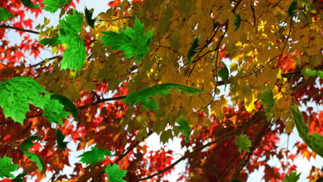 animación de varias hojas que caen sobre los árboles de otoño