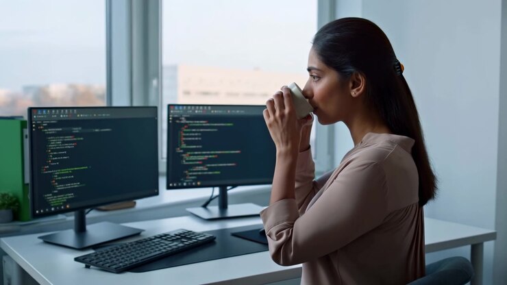 Side-profile view shows woman raising small cup to her lips, drinking briefly, then holding it at chest level beside two code-filled monitors in soft indoor daylight.