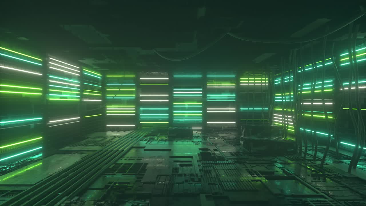 Neon background. Green and blue neon background appears and disappears. Bright vibrant neon background. Technological space. Room. Seamless looping 3d animation