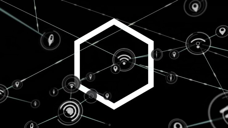 Animation of network of connections with icons and hexagons spinning on black background