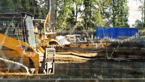 animación del procesamiento de datos y el mercado de valores sobre máquinas de construcción en el sitio de construcción