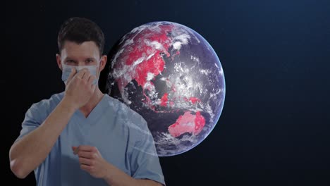 Animation-of-globe-with-red-covid-19-cases-over-man-wearing-face-mask