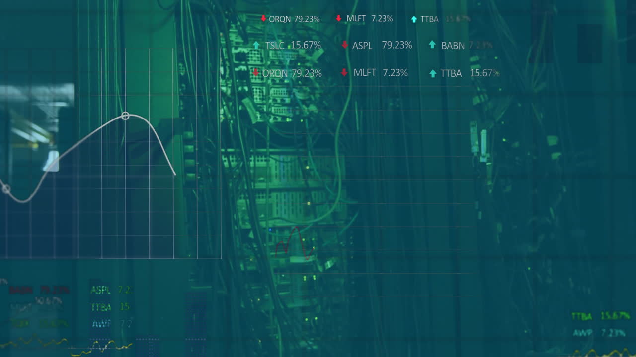 Animation of financial data processing over server room