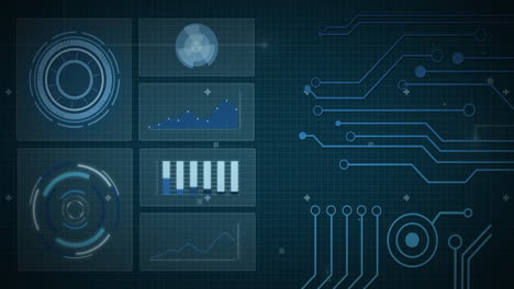 animation of scope scanning and diagrams over data processing with connections