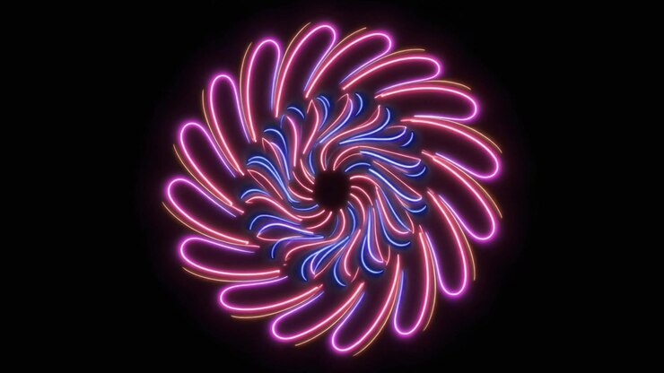 Animação de Flor Abstrata Neon Girando em Fundo Preto
