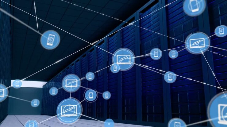 Animasjon av nettverk av tilkoblinger med datamaskiner i bakgrunnen