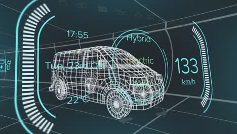 animación del velocímetro con números, textos sobre un modelo 3d de furgoneta contra un fondo negro