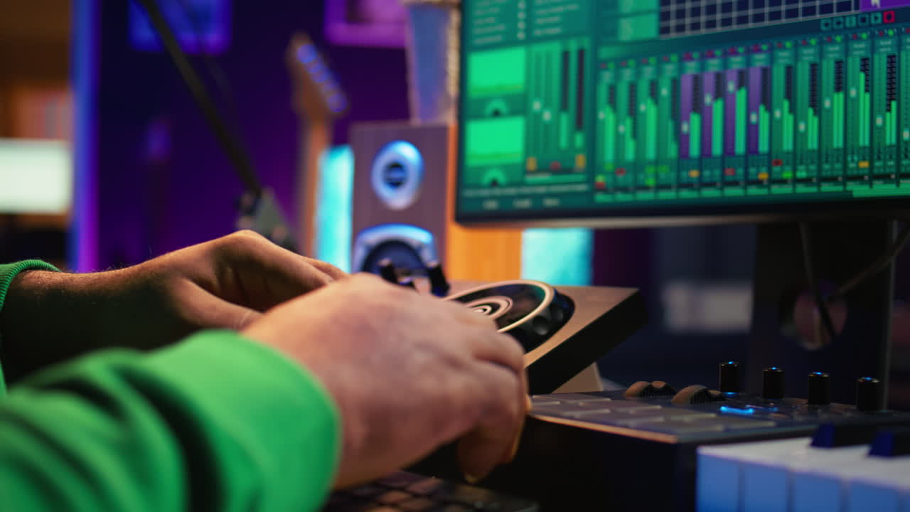 ingeniero de audio produciendo nueva música en la consola de mezcla en el estudio casero