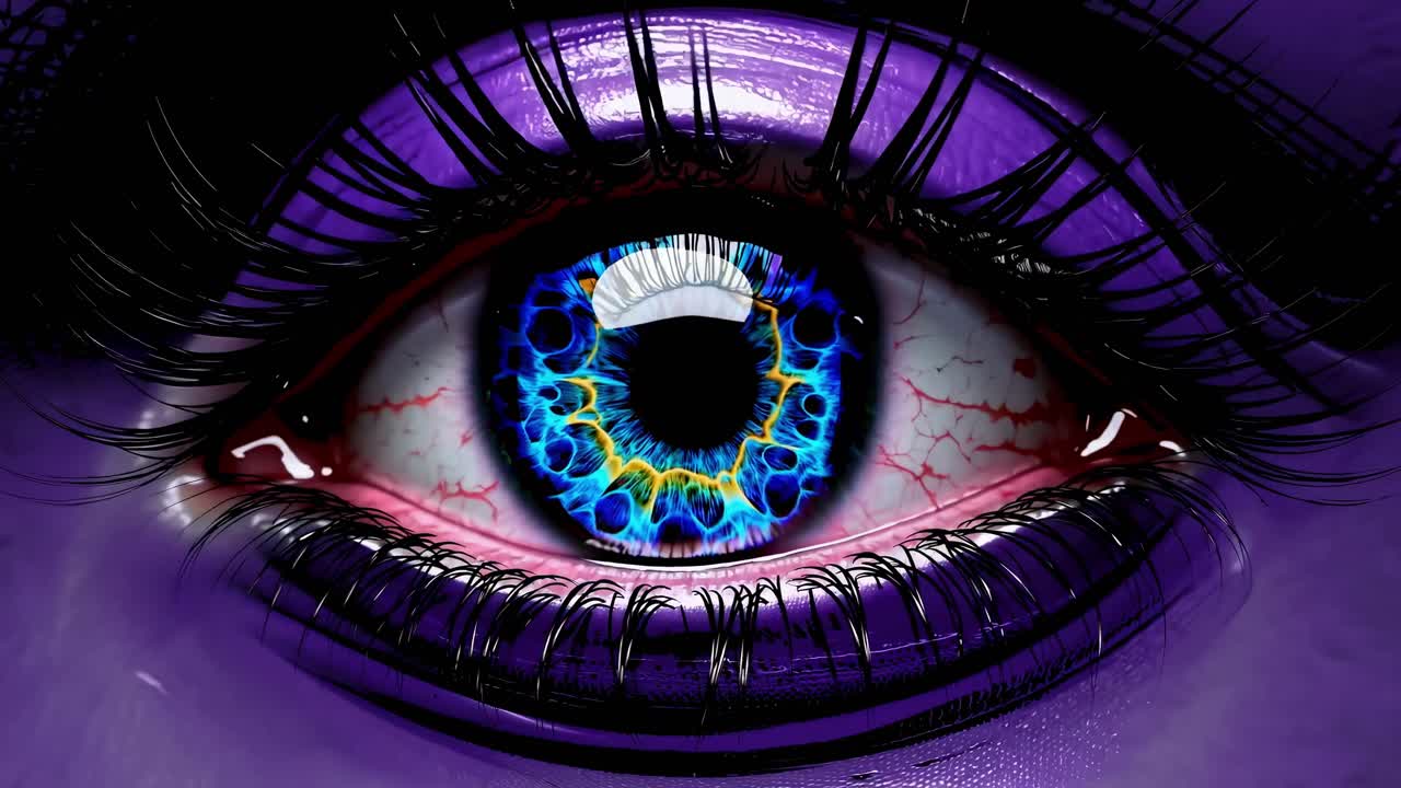 Close-up video of a vibrant, digital eye with electric blue and purple hues