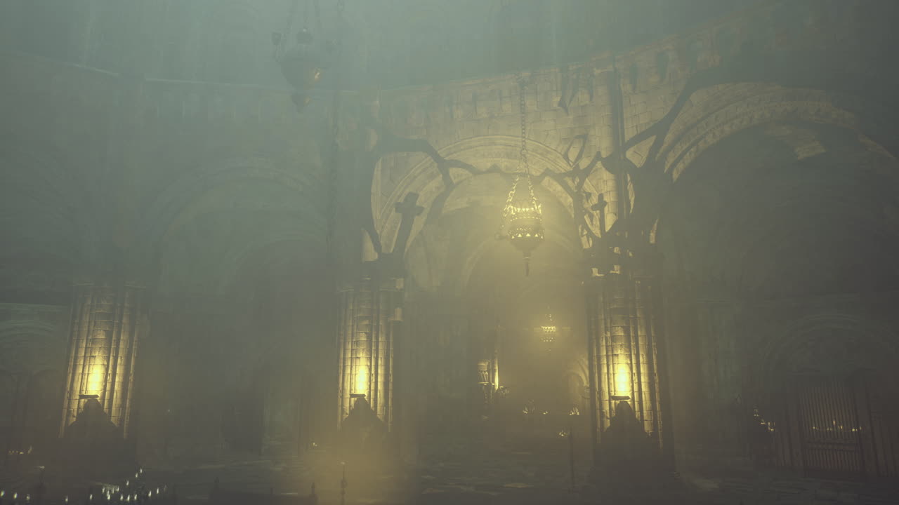 Mysterious dimly lit interior of a gothic cathedral with fog at night