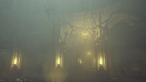 Mysterious dimly lit interior of a gothic cathedral with fog at night
