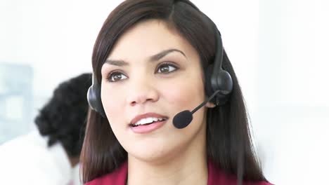 Close-up-of-woman-working-in-a-call-center