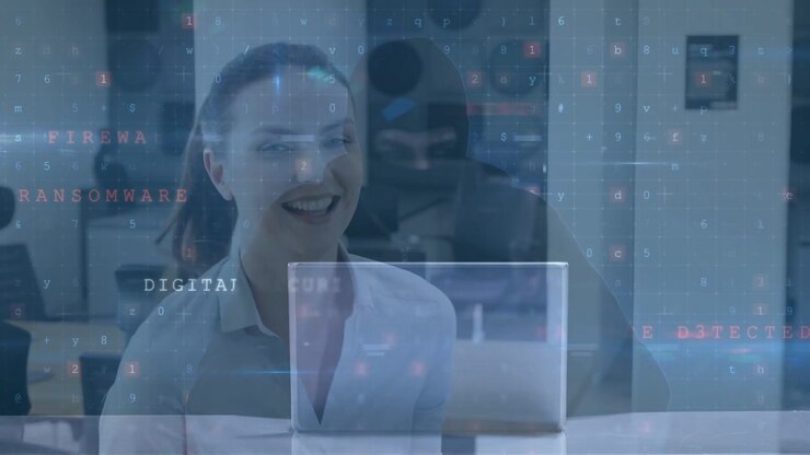 Donna in ufficio che tocca un tablet alla scrivania, avviando una sovrapposizione di cybersicurezza e monitorando le minacce.