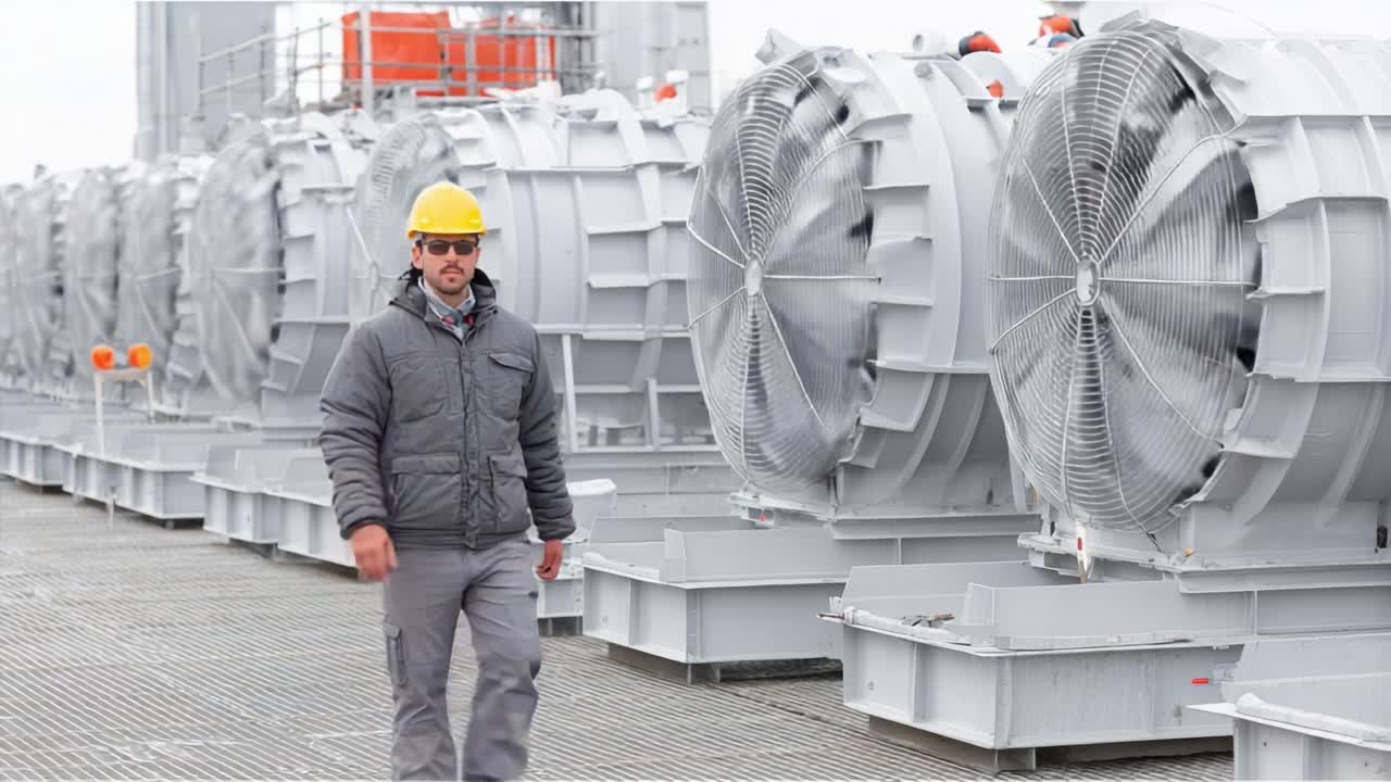 A worker in a yellow hard hat inspects large industrial fans on a facility site, ensuring proper operation and maintenance, surrounded by heavy machinery and equipment