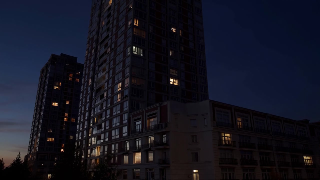 Alti edifici residenziali a molti piani si ergono sotto un cielo serale di un blu intenso, con finestre illuminate sparse e alcune luci brillanti sotto, creando un'atmosfera urbana calma.