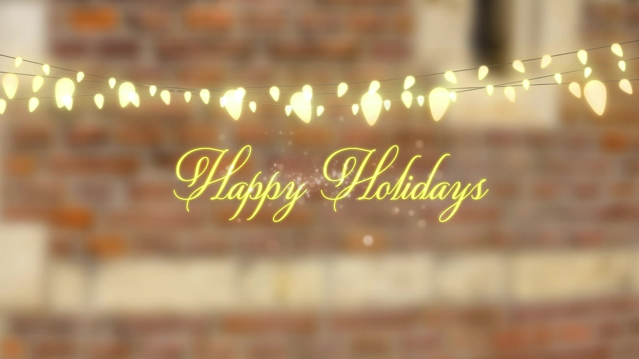 Auguri di Buone Feste con Luci a Stringa Scintillanti e Sfondo in Mattoni