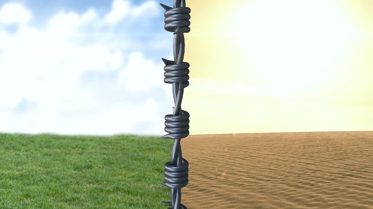 녹색과 황폐한 풍경을 분리하는 가시선 울타리