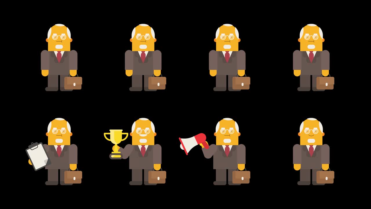 Old businessman set animations in various poses part 1. Alpha channel