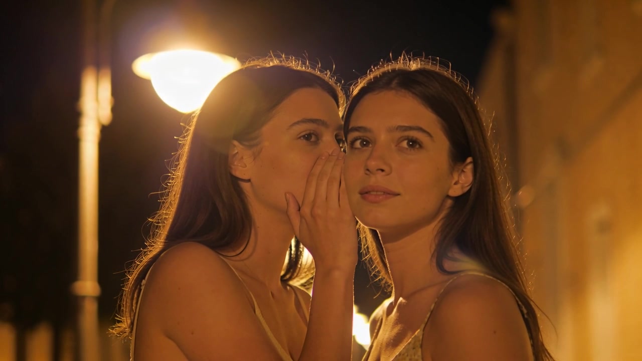Leaning woman whispering warning into friend's ear on night alley, lamp rim-lighting strappy tops