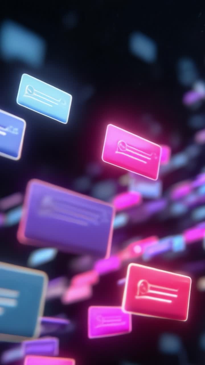 Svævende virtuelle kort i et dynamisk digitalt rum med neonfarver og futuristiske vibes, der repræsenterer teknologi og datainteraktion i den moderne tidsalder