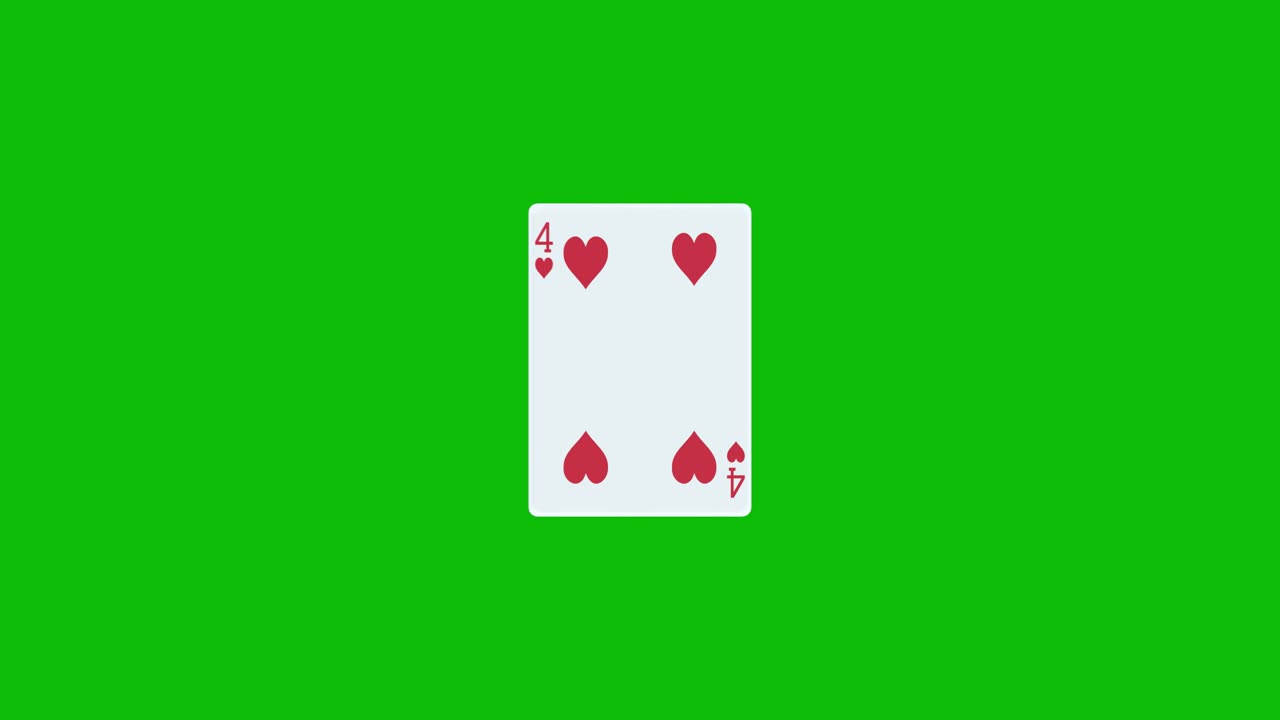Carta da poker quattro di cuori che gira e si rivela su schermo verde, animazione 3D. Puoi modificare la tempistica della clip per controllare l'effetto di rivelazione.