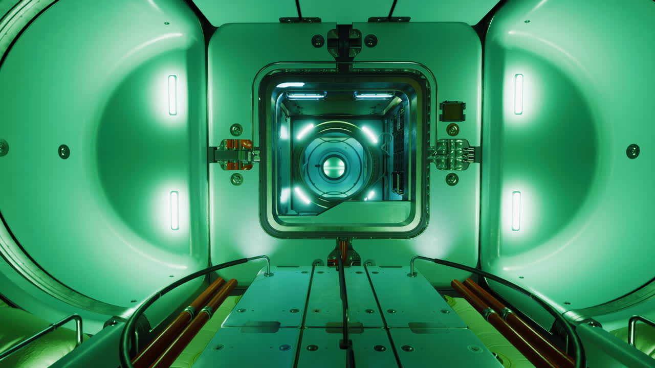 미래의 녹색 우주선 복도