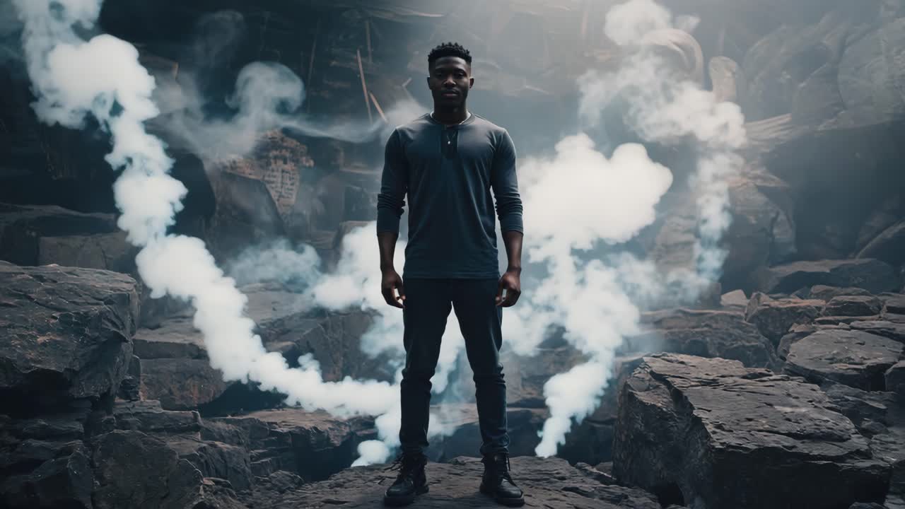 A man standing amidst smoke in a rocky cave