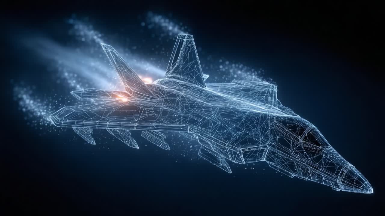Futuristic Wireframe Jet in Motion: A Stunning Visualization of Advanced Aviation Technology and Design Represented through a High-Tech Digital Wireframe Model
