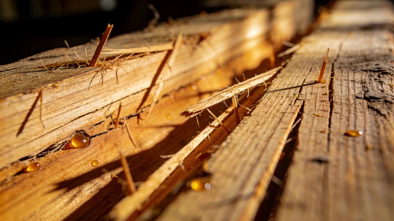 Shifting camera focus moving along split wooden plank in workshop, revealing amber resin droplets