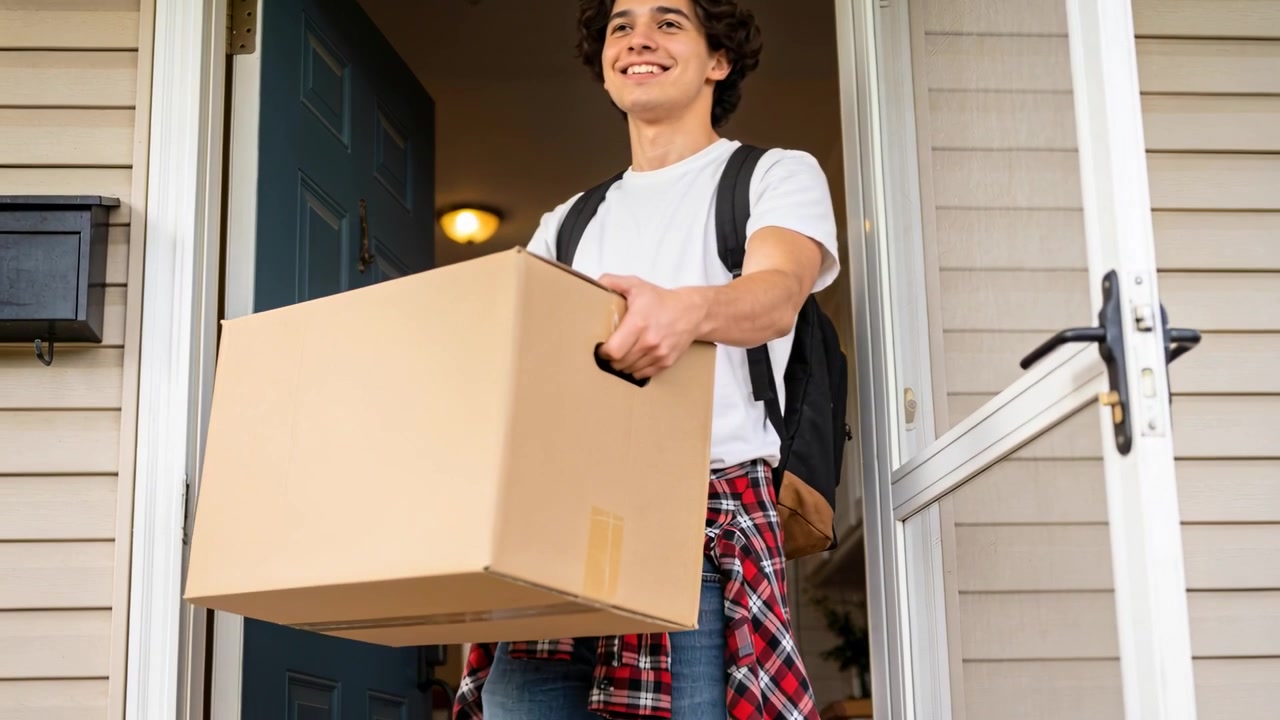 Carrying male bringing box outside while wearing backpack, stepping out after door opening at porch
