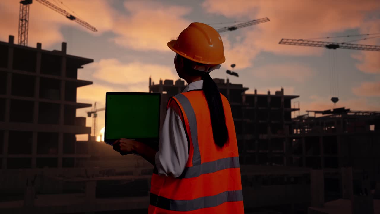 Back View Of Asian Female Engineer With Safety Helmet Working On A Green Screen Laptop And Looking Around At Construction Site in Progress to New House
