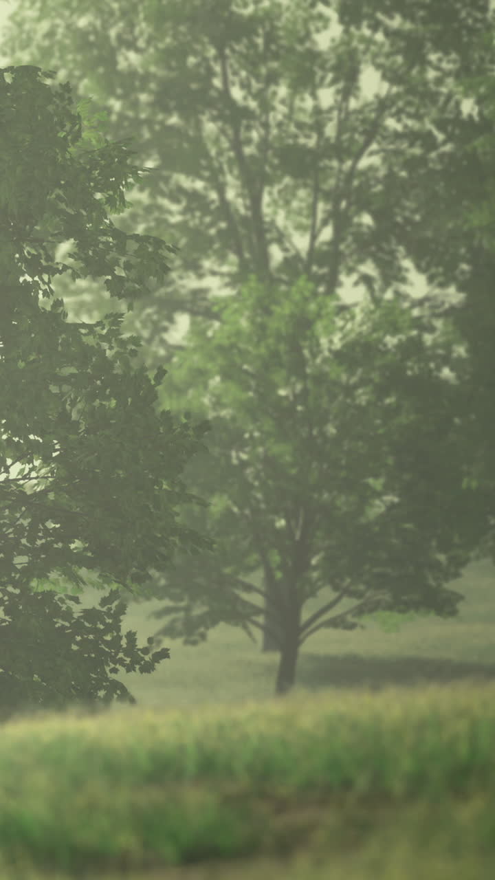 La nebbia copre gli alberi in un campo verde nelle ore mattutine