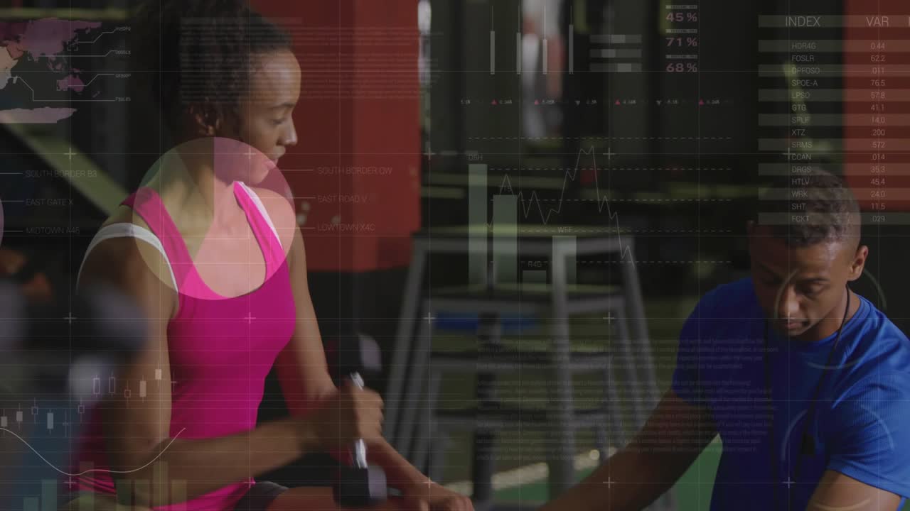 Client doing curls on seat in gym, trainer touching knee guiding form, data overlays appearing