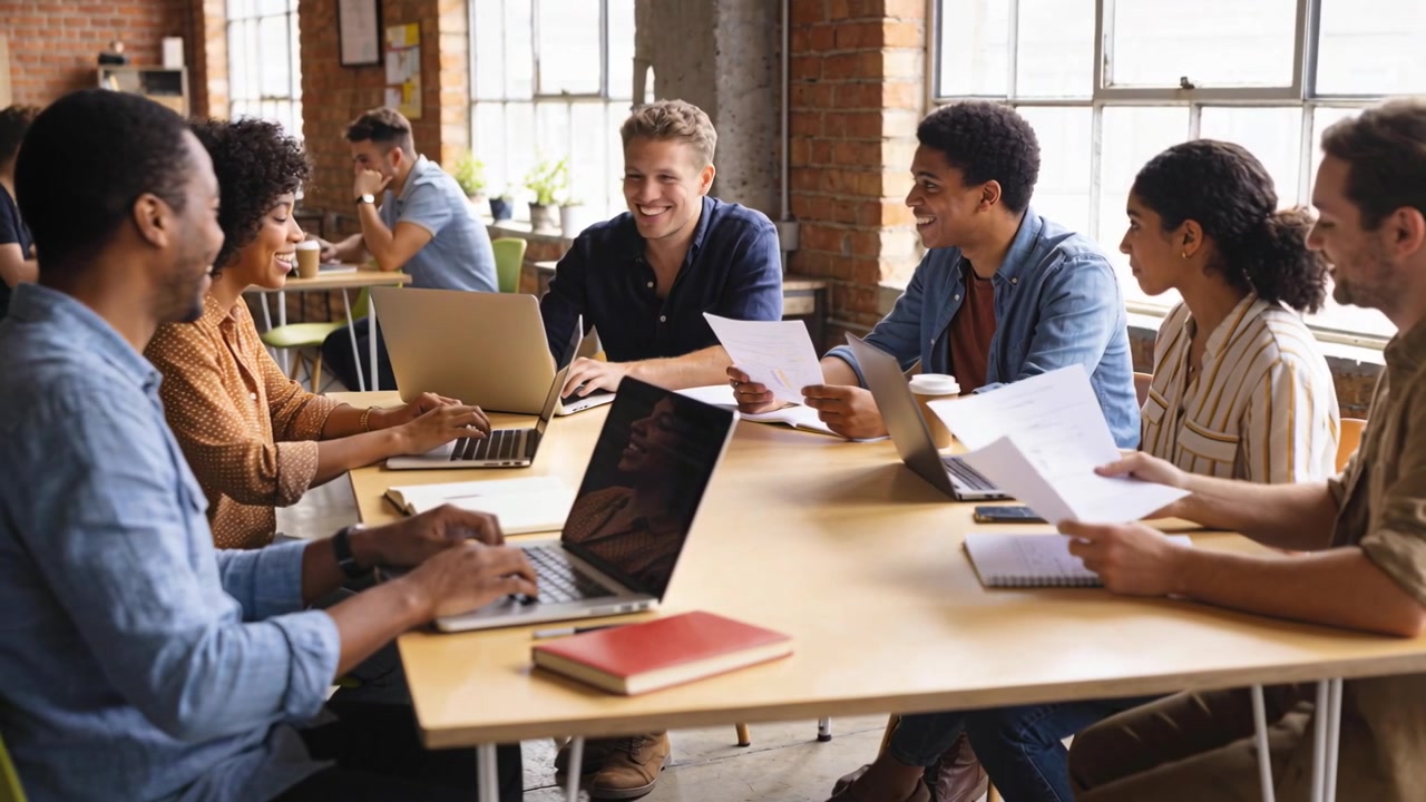 Passing printed pages, six colleagues in shirts collaborating at office table, sharing laptops