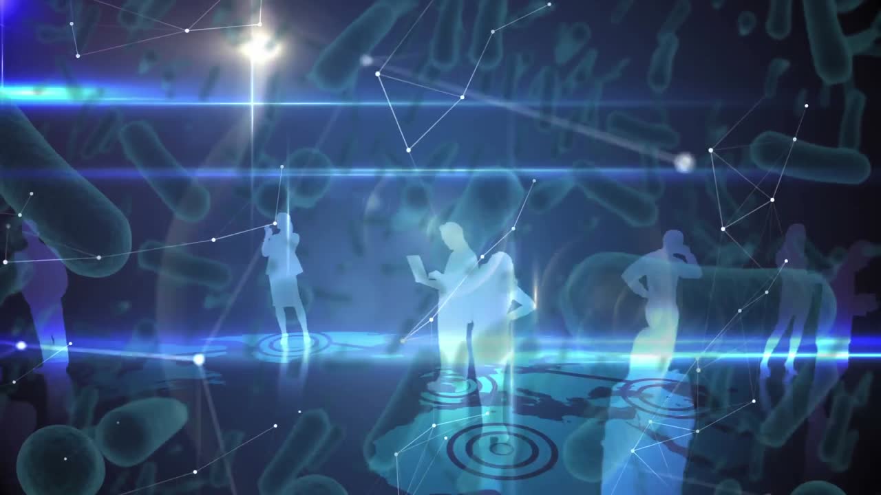 코로나바이러스 세포의 애니메이션이 파란색 배경의 사업가들의 실루 ⁇ 에 퍼지고 있습니다.