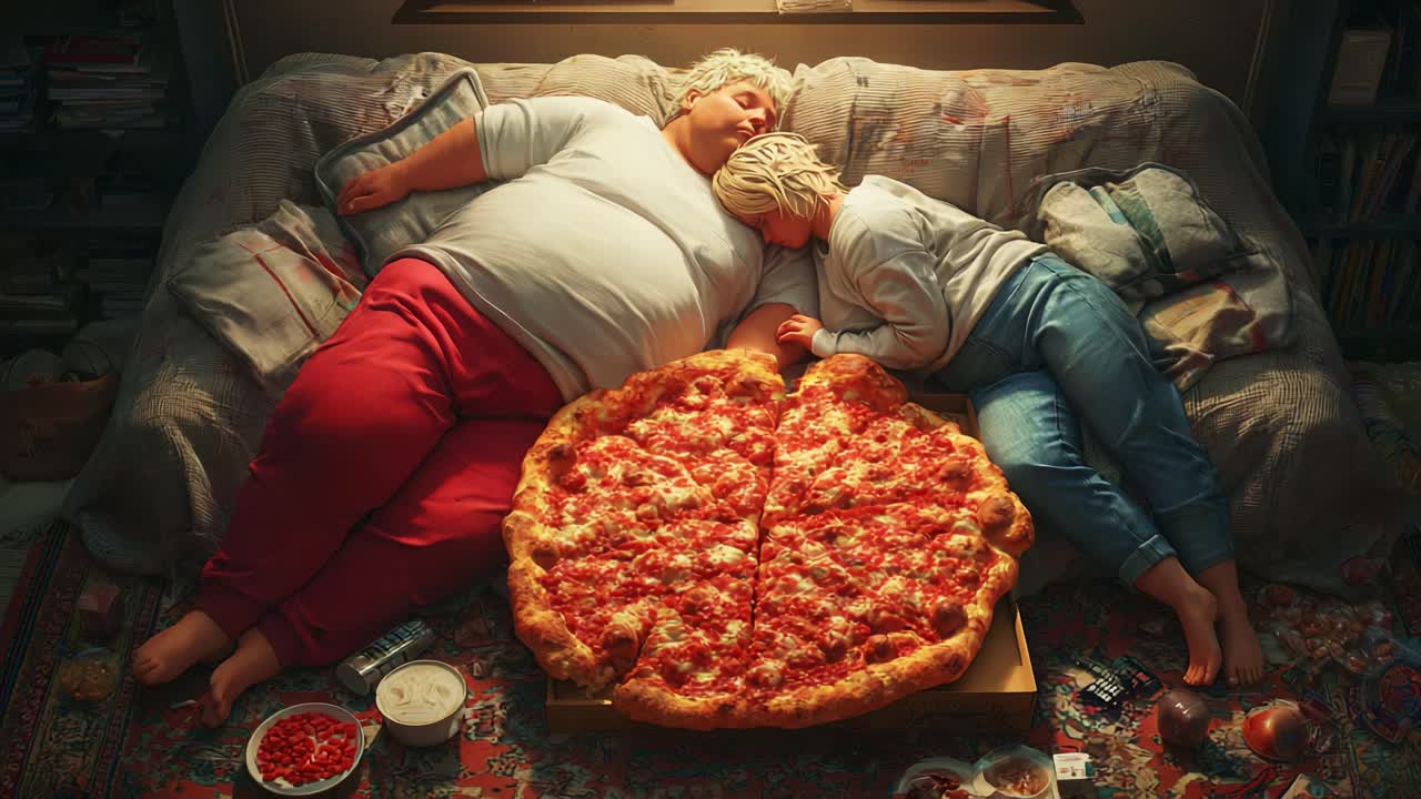 A Relaxing Evening at Home: Two Cozy Friends Enjoying a Large Pizza While Snuggling on the Couch, Surrounded by Snacks and a Warm Atmosphere of Comfort and Contentment