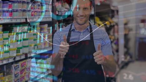 animación del procesamiento de datos del mercado de valores sobre un hombre caucásico mostrando los pulgares en la tienda de comestibles