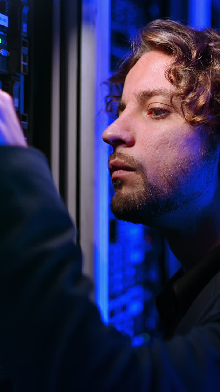 Man analysing servers in a data center. Vertical
