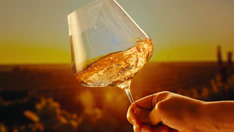 orange or white wine bottle and glass against a sunset in a peaceful vineyard, pouring of ecological natural wine.