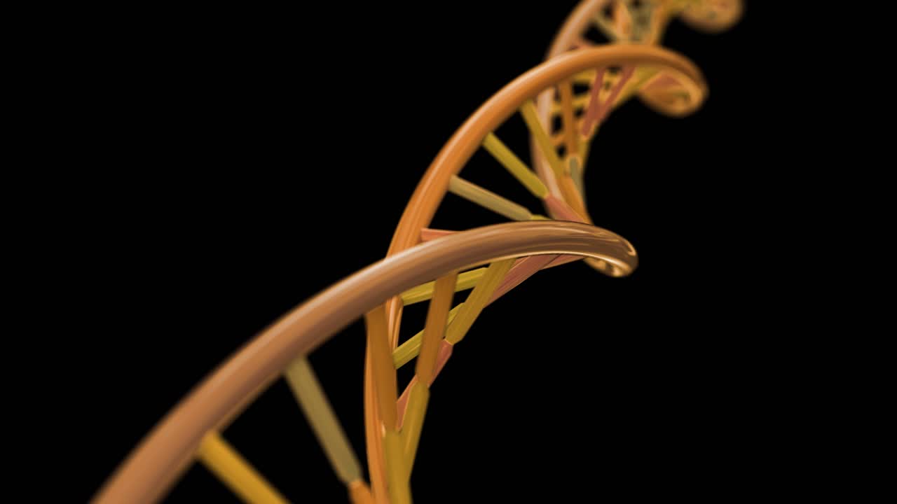 DNA che ruota, RNA, doppia elica, scienza al rallentatore, primo piano microscopio elettronico, profondità di campo 4K