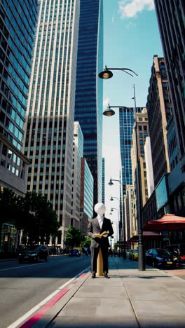man in suit with white head reading a book on a city street