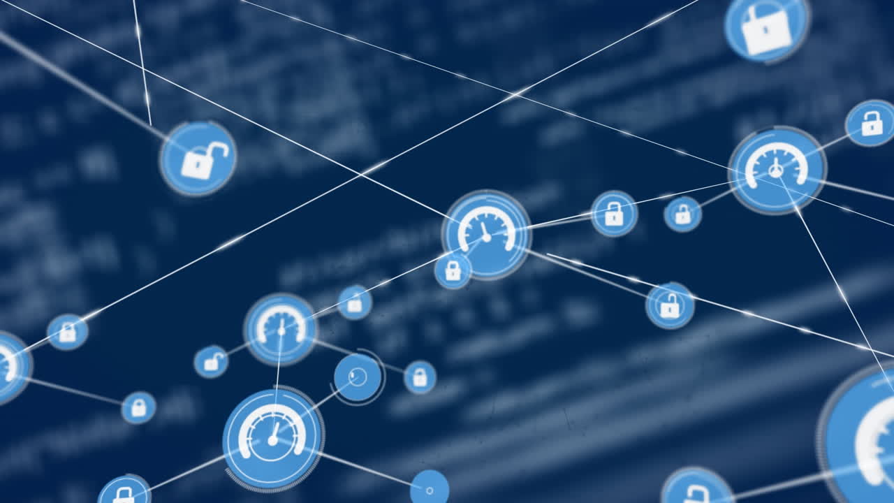 Animation of network of connections with icons over data processing on blue background