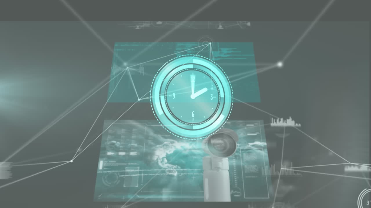 animación del reloj moviéndose rápidamente sobre el procesamiento de datos en pantallas y red de conexiones