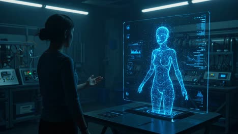 a futuristic holographic display of a female figure projected in a high-tech laboratory, showcasing advanced interface technology and interactive design concepts