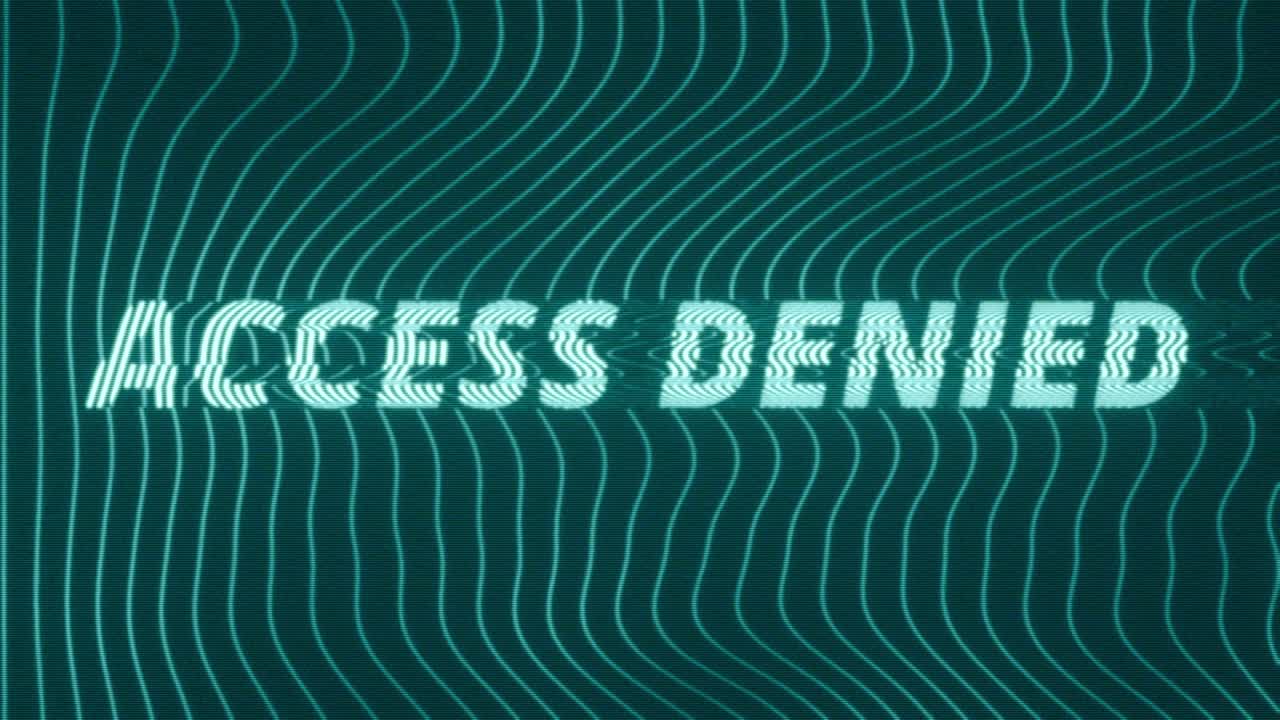 Animated style cyber security concept featuring glitching Access Denied text over a dark blue background with flowing neon wave lines and digital distortion