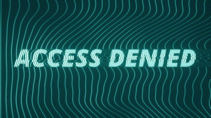 Animated style cyber security concept featuring glitching Access Denied text over a dark blue background with flowing neon wave lines and digital distortion