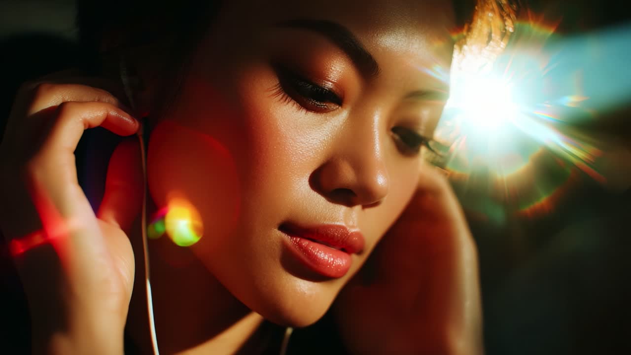A Close-Up Capture of a Young Woman with Earphones, Immersed in Music, Bathed in Warm Light, Highlighting Her Natural Beauty and Emotional Expression, Showcasing the Serenity of the Moment