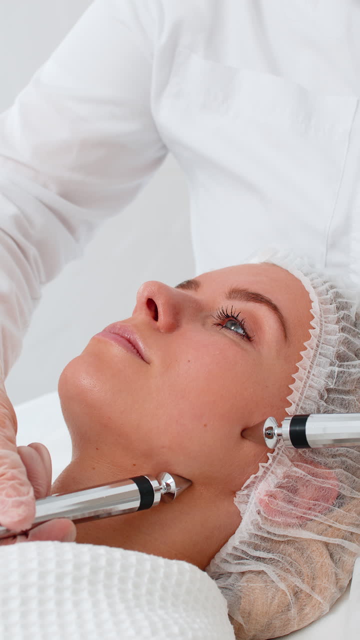 La dottoressa estetista fa la terapia del viso con micro correnti usando impulsi elettrici nel salone termale.