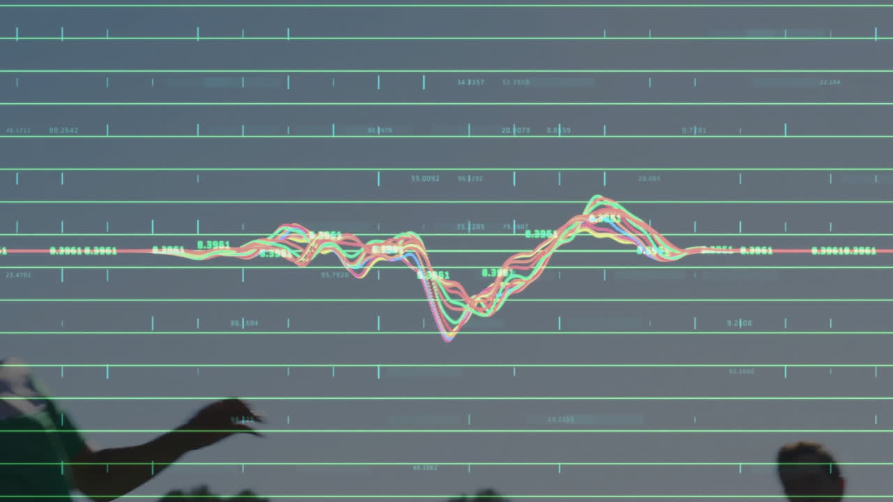 축구를 하는 사람들 위의 금융 데이터 그래프 애니메이션
