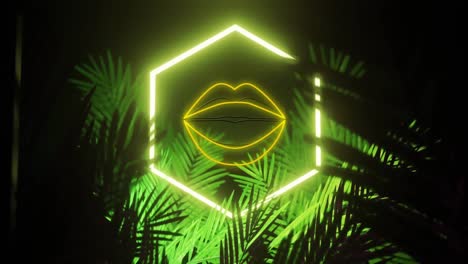 Animation-of-opening-lips-and-hexagon-in-yellow-neon,-over-palm-leaves-on-black-background